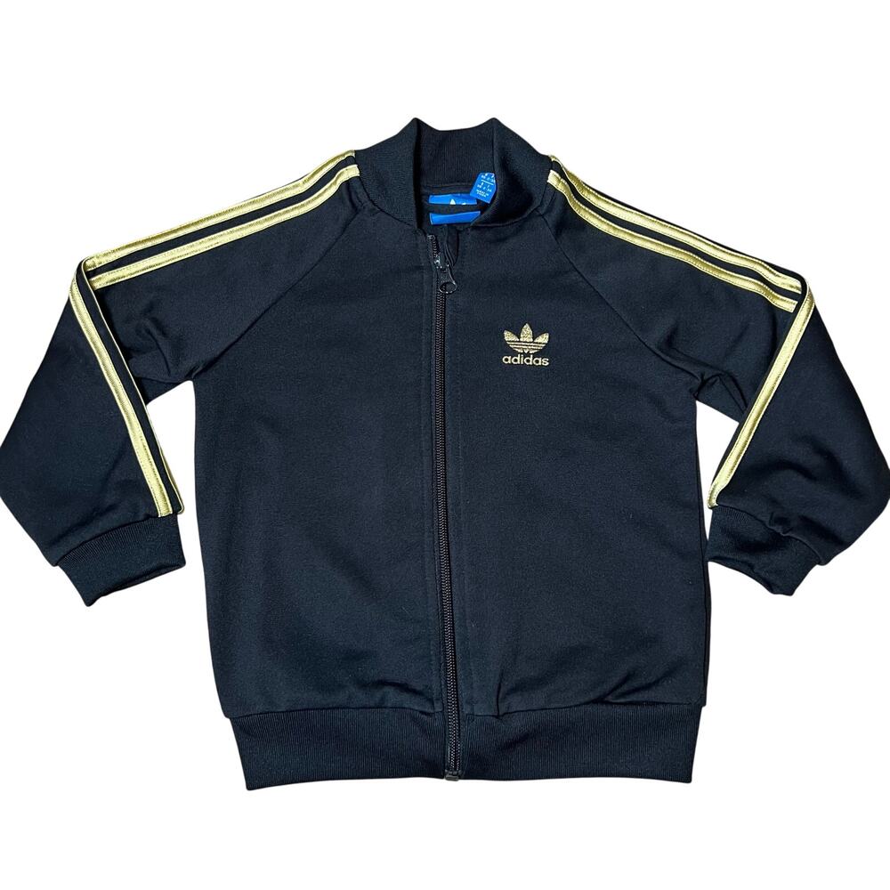 Adidas  Black and gold Trefoil Logo 3 Striped Full Zip Track Jacket Size 2-3
